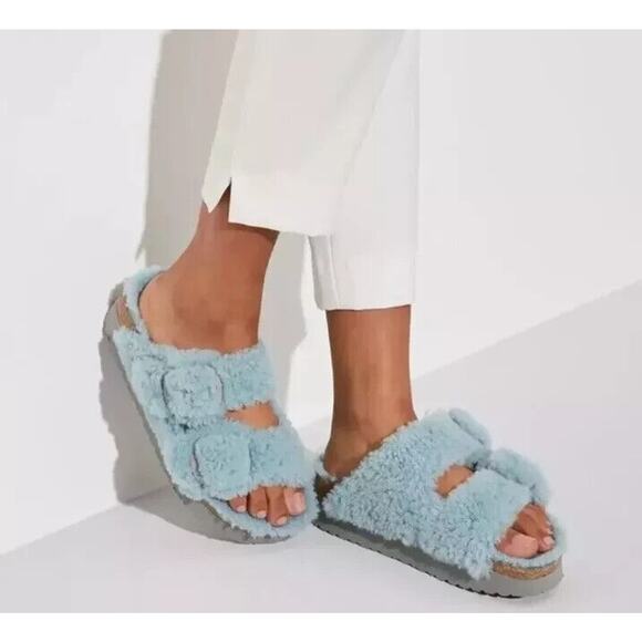 Birkenstock Papillo NWT Blue Shearling Arizona Big Buckle 37 EU 6.5 US Narrow - Picture 1 of 9